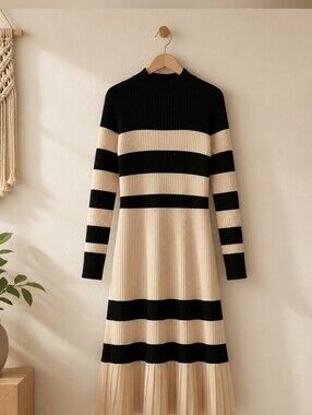 Striped Knit Midi Dress in Black and Cream